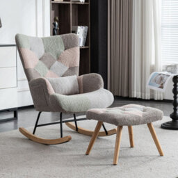 Matteo Multicolour Patchwork Fabric Rocking Chair With Footstool, Wingback Design & Solid Wood Legs - thumbnail 2