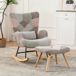 Matteo Multicolour Patchwork Fabric Rocking Chair With Footstool, Wingback Design & Solid Wood Legs - thumbnail 3