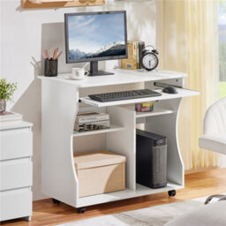 Yaheetech White Wood Computer Desk With Wheels - thumbnail 1