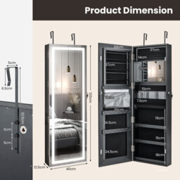 Costway 120Cm Full Length Mirror Jewelry Cabinet Door Hanging/wall Mounted Mirror W/ 3-Color Lights - thumbnail 2
