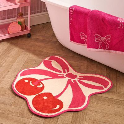 Ohs Cherry Bow Novelty Bath Mat Soft Velvet Quick Dry Non-Slip Shower Rug - image 1