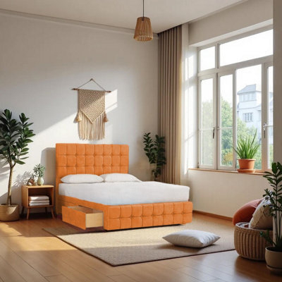 "Knight Sleep Munic Orange Plush 5Ft Bed Set With Mattress, 2 Drawers Same Side & 24""headboard - King Size" - image 1