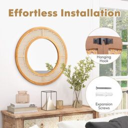 Costway Rattan Round Wall Mirror 65 Cm Wooden Framed Mirror With Aluminum Glass - thumbnail 8