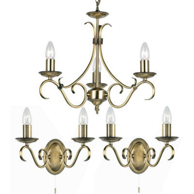 3 Lamp Ceiling & 2X Twin Wall Light Pack Antique Brass Vintage Matching Fittings - image 1