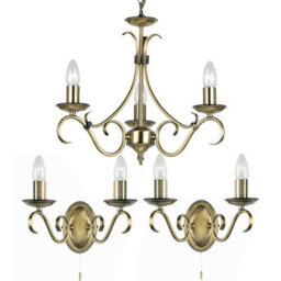 3 Lamp Ceiling & 2X Twin Wall Light Pack Antique Brass Vintage Matching Fittings - thumbnail 1