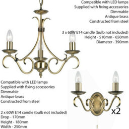 3 Lamp Ceiling & 2X Twin Wall Light Pack Antique Brass Vintage Matching Fittings - thumbnail 2