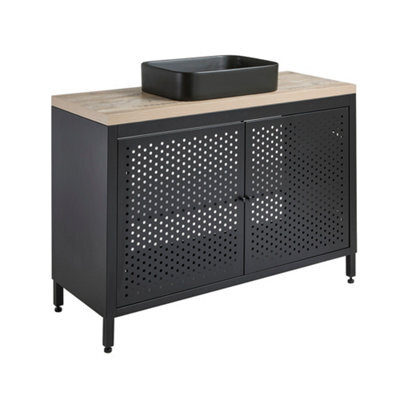 Homestylestore 1200mm Black Metal Floorstanding Bathroom Vanity Unit Light Oak Countertop And Rectangular Graphite Basin - image 1
