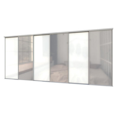 A-Class Sliding Doors Set Of 6 White Glass & Mirror Sliding Wardrobe Door Kit, Silver Frame & Tracks, Opening Height (H) 225-226Cm & Width (W) 444-445Cm - image 1