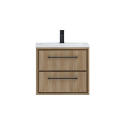 Royal Bathrooms Livora 600mm Natural Oak Wall Hung Bathroom Vanity Unit 2 Drawer With Stone Basin & Matt Black Handle - thumbnail 5