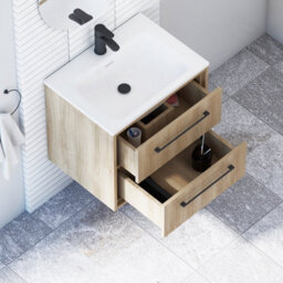 Royal Bathrooms Livora 600mm Natural Oak Wall Hung Bathroom Vanity Unit 2 Drawer With Stone Basin & Matt Black Handle - thumbnail 4