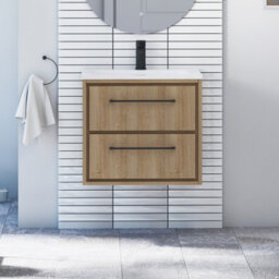 Royal Bathrooms Livora 600mm Natural Oak Wall Hung Bathroom Vanity Unit 2 Drawer With Stone Basin & Matt Black Handle