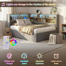 Abrihome Grey Velvet L-Shaped Hydraulic Daybed With Led & Usb Charging, 4Ft6 Double - thumbnail 3