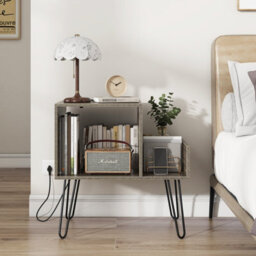 Costway Record Player Stand Holds Up To 145 Albums Modern End Table W/ Power Outlet - thumbnail 3