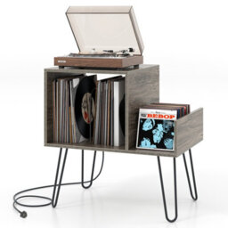 Costway Record Player Stand Holds Up To 145 Albums Modern End Table W/ Power Outlet - thumbnail 1