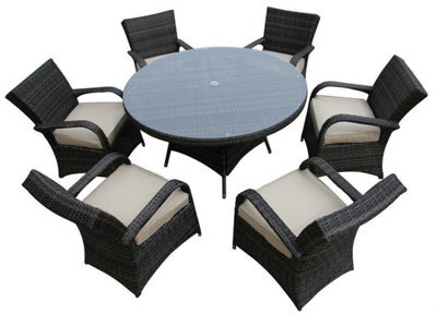 Furniture One Rattan Effect Mix Brown Round 6 Seater Dining Set Table & Chair Set No Assembly & Aluminium Frame