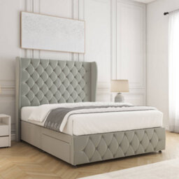 Bsspoke Faye Divan Bed Set Silver Plush Velvet 54Inch Wingedback Headboard & Footboard & Mattress No Drawers In All Sizes - thumbnail 2