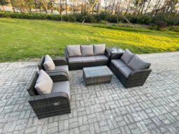 Fimous 7 Seater Rattan Wicker Garden Furniture Patio Sofa Set With Rectangular Coffee Table 3 Seater Sofa Love Sofa Side Table - thumbnail 2