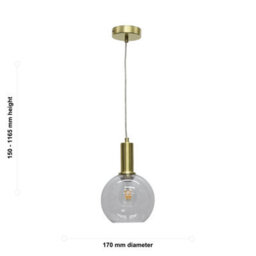 First Choice Lighting Barnum - Clear Glass Globe Satin Brass Deco Pendant Fitting - thumbnail 5