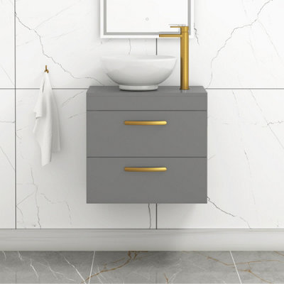 Royal Bathrooms 600mm Wall Hung Vanity Unit 2 Drawer Indigo Grey Gloss & Breeze Countertop Basin With Brushed Brass Handle - image 1