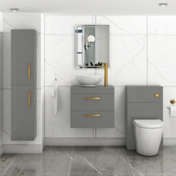 Royal Bathrooms 600mm Wall Hung Vanity Unit 2 Drawer Indigo Grey Gloss & Breeze Countertop Basin With Brushed Brass Handle - thumbnail 2