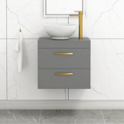 Royal Bathrooms 600mm Wall Hung Vanity Unit 2 Drawer Indigo Grey Gloss & Breeze Countertop Basin With Brushed Brass Handle - thumbnail 1