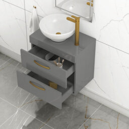 Royal Bathrooms 600mm Wall Hung Vanity Unit 2 Drawer Indigo Grey Gloss & Breeze Countertop Basin With Brushed Brass Handle - thumbnail 3
