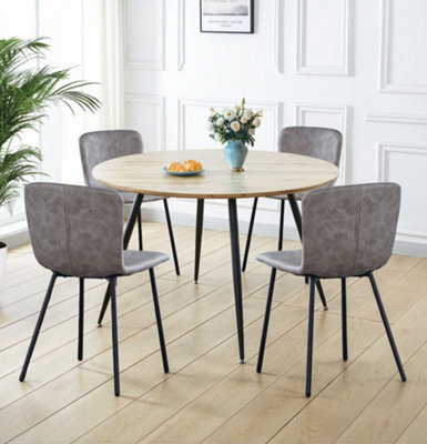 Hallowood Furniture Cullompton Large Round Dining Table With Light Oak Effect Top (120Cm) With 4 Taupe Leather Effect Chairs - image 1