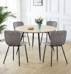 Hallowood Furniture Cullompton Large Round Dining Table With Light Oak Effect Top (120Cm) With 4 Taupe Leather Effect Chairs