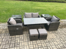 Fimous Rattan Outdoor Garden Furniture Set Rectangular Dining Table And Chair Sofa Set With 2 Side Tables For Balcony - thumbnail 2