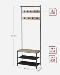 Songmics Vasagle Coat Rack With Shoe Storage, Hall Tree, Coat Stand For Hallway With Bench, 9 Movable Hooks, Top Bar, Greige And Black - thumbnail 2