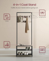 Songmics Vasagle Coat Rack With Shoe Storage, Hall Tree, Coat Stand For Hallway With Bench, 9 Movable Hooks, Top Bar, Greige And Black - thumbnail 3