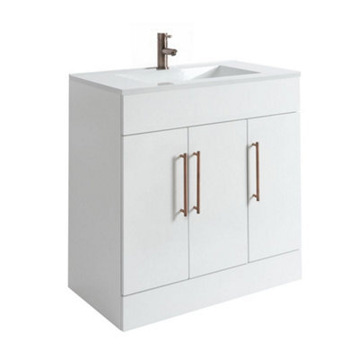 Homestylestore 800mm White Floorstanding Bathroom Vanity Unit And Aged Bronze T Bar Handles - image 1