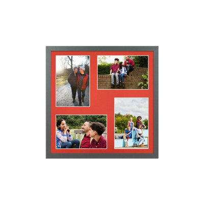 AK Frames 12X12 Dark Grey Sleek Multi Photo Frame With Poppy Red Mount - Holds 4 Apertures (4X) 6X4 Photos - image 1