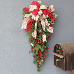 Living And Home 90Cm Red Berries Silk Ribbon Christmas Garland Wall Hanging Swag With Led Light