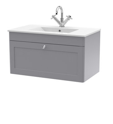 Balterley Swynnerton Traditional 1 Drawer Wall Hung Vanity Unit With Basin, Satin Grey, 800mm - image 1