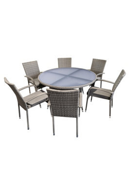 Sh&g Heaton 6 Seat Dining Table Set - 7 Piece Round Table & Chairs - Grey Rattan With Grey Cushions - Indoor & Outdoor - image 1