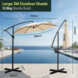 Keplin 3M 6 Ribs Cantilever Garden Parasol Umbrella With Crank Handle & Cover, Uv Resistant, Water-Repellent Polyester, Cream - thumbnail 8