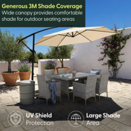 Keplin 3M 6 Ribs Cantilever Garden Parasol Umbrella With Crank Handle & Cover, Uv Resistant, Water-Repellent Polyester, Cream - thumbnail 2