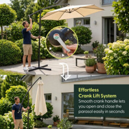 Keplin 3M 6 Ribs Cantilever Garden Parasol Umbrella With Crank Handle & Cover, Uv Resistant, Water-Repellent Polyester, Cream - thumbnail 4