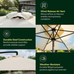 Keplin 3M 6 Ribs Cantilever Garden Parasol Umbrella With Crank Handle & Cover, Uv Resistant, Water-Repellent Polyester, Cream - thumbnail 5