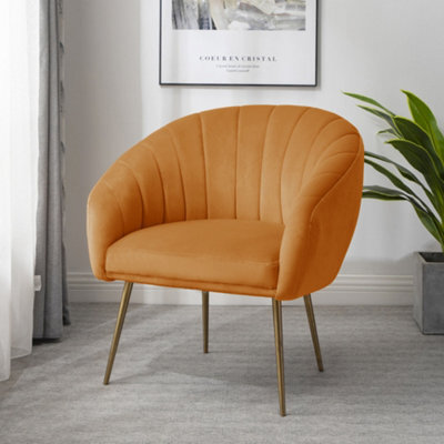 Helena 74Cm Wide Orange Shell Back Velvet Fabric Accent Chair With Brass Coloured Steel Legs