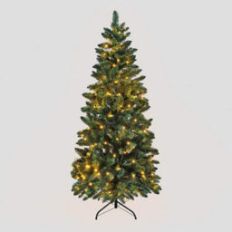 Shatchi 5Ft Pre-Lit Warm White Led Green Christmas Slim Pine Narrow Tree  With Metal Stand