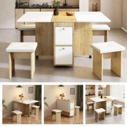 Matteo Space-Saving Extendable Dining Table & 4 Chairs Set - White & Oak Finish, Perfect For Small Kitchens & Dining Rooms