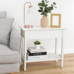 2 Tier Wooden Flip Top Sofa Side End Table White With Narrow Shelf Storage - thumbnail 3