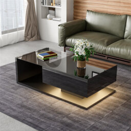 Abrihome Coffee Table, High-Gloss Black, Side Tables, Coffee Tables With Glass And Led, Black