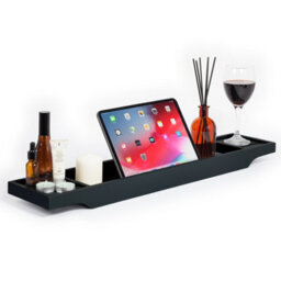 EHC Woodluv Slimline Bamboo Bathtub Caddy Tray Bridge Wooden Bath Rack Bathroom Accessory Bath Shelf, 70 X 14.5 X 7.5 Cm - Black