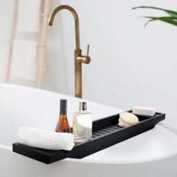 EHC Woodluv Slimline Bamboo Bathtub Caddy Tray Bridge Wooden Bath Rack Bathroom Accessory Bath Shelf, 70 X 14.5 X 7.5 Cm - Black - thumbnail 2