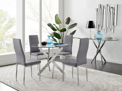 Furniturebox Uk Novara Chrome Metal Round Glass Dining Table And 4 Grey Velvet Milan Chairs - image 1