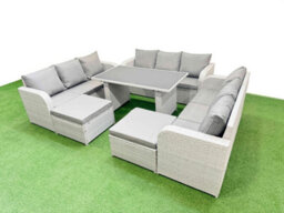 Fimous Patio Garden Furniture Sets With Black Glass Top Dining Table 3 Seater Sofa 2 Big Stool Light Grey - thumbnail 2