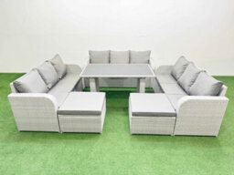 Fimous Patio Garden Furniture Sets With Black Glass Top Dining Table 3 Seater Sofa 2 Big Stool Light Grey - thumbnail 1